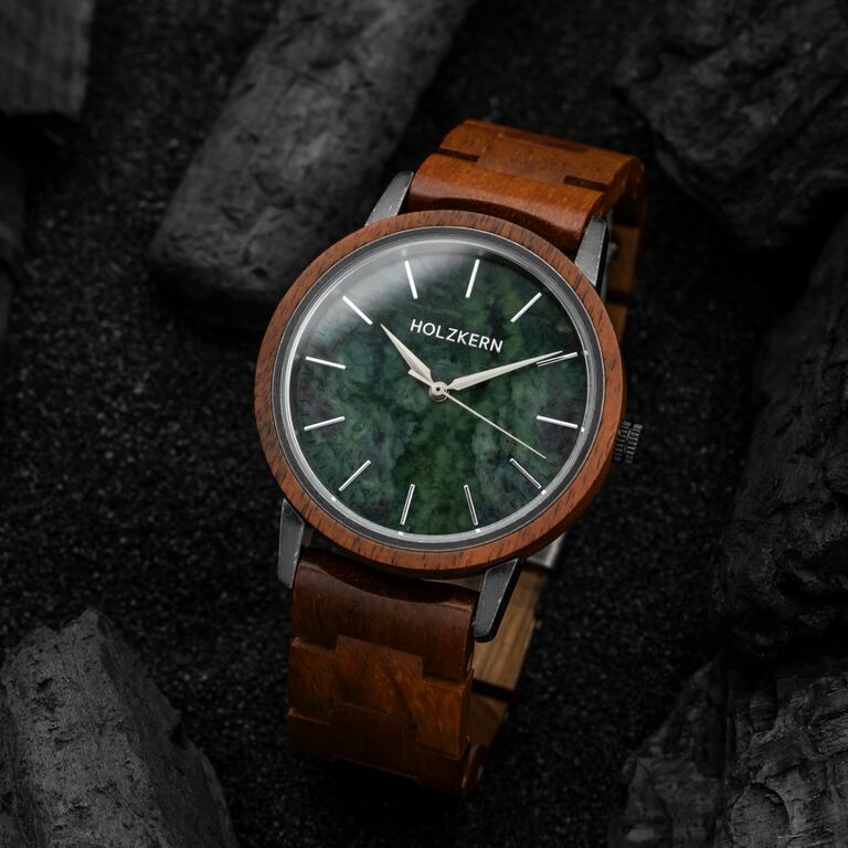 "Bob" watch featuring a natural koa finish and marble accents, showcasing a rustic and elegant design.
